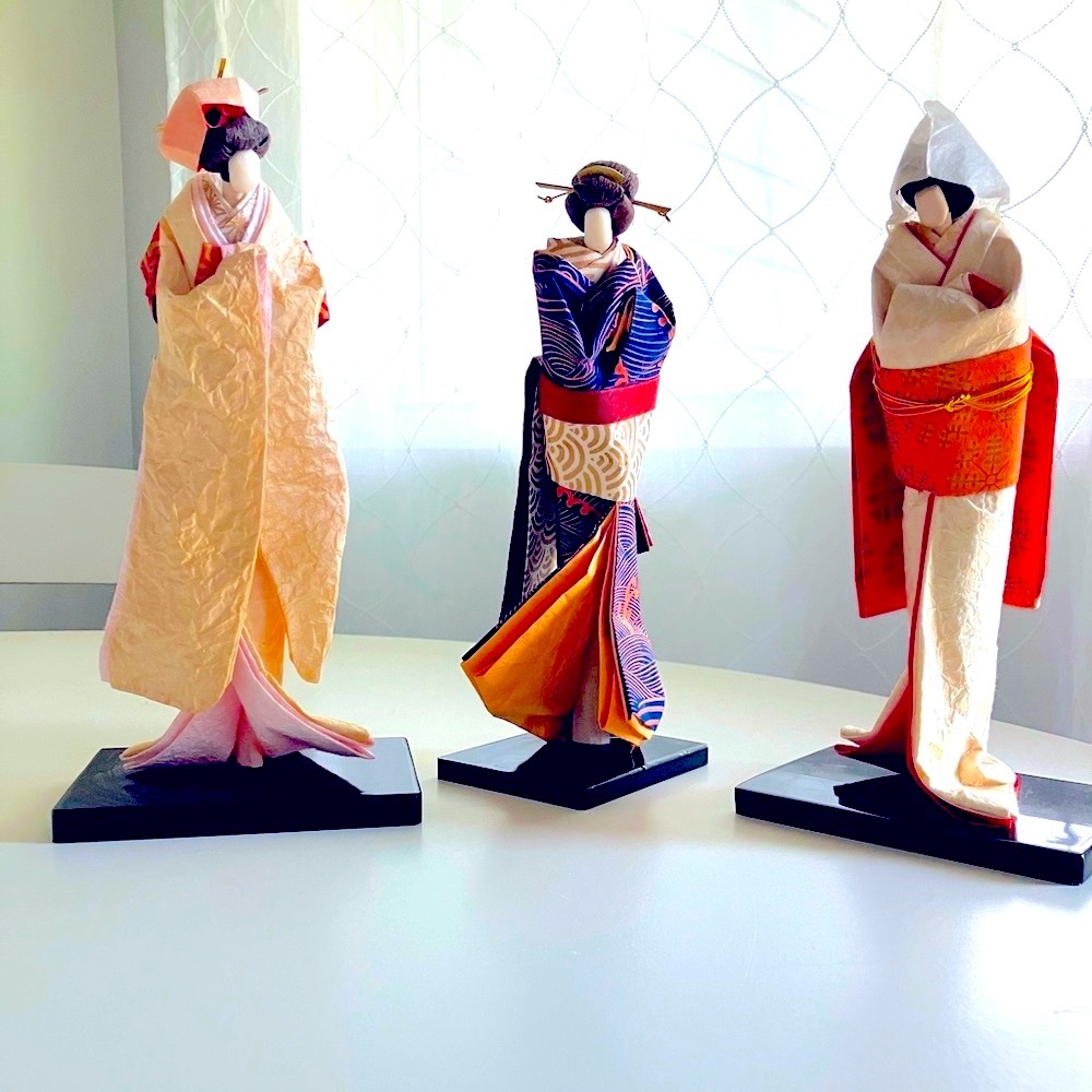 3 Fiber Art Geisha Dolls with Japanese Kimonos